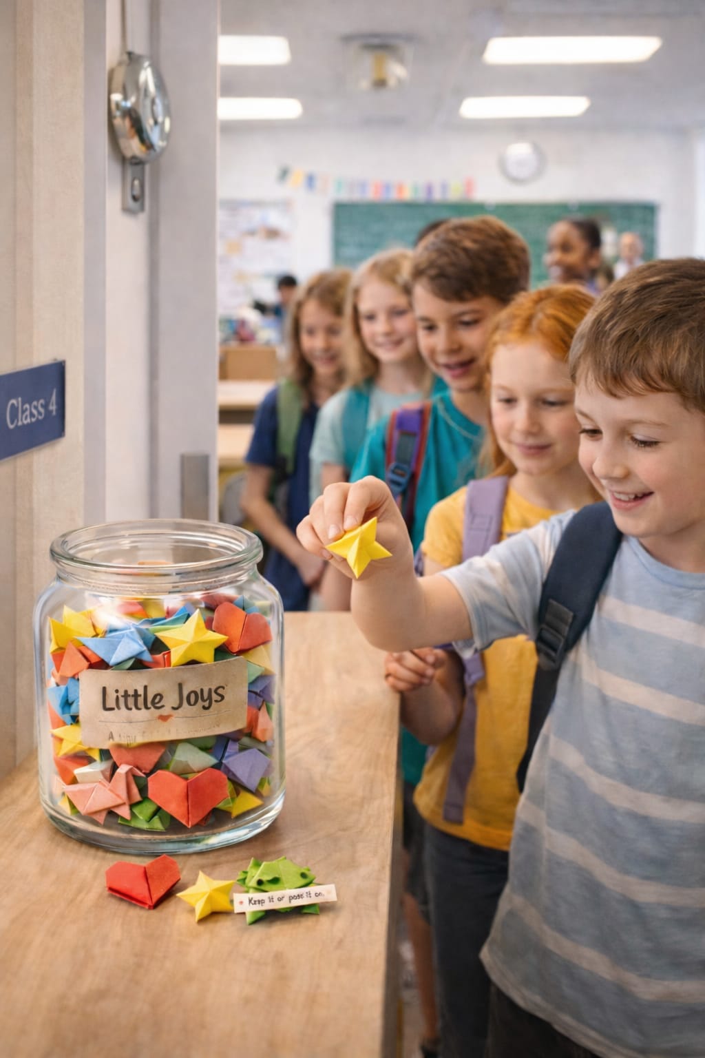 Children in uniform picking origami